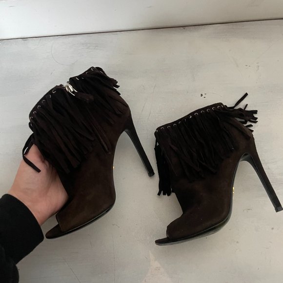 Prada Brown Suede Fringe Trim Accent Peep Toe Ankle Boots Stiletto Heels - Picture 6 of 15